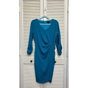Tahari ASL Side Knot Long Sleeve Knit Dress in Peacock Blue SIZE 8